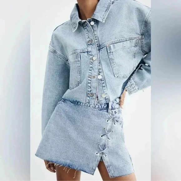 NWT Zara Denim Lacing detail Mini Skirt - Picture 1 of 8